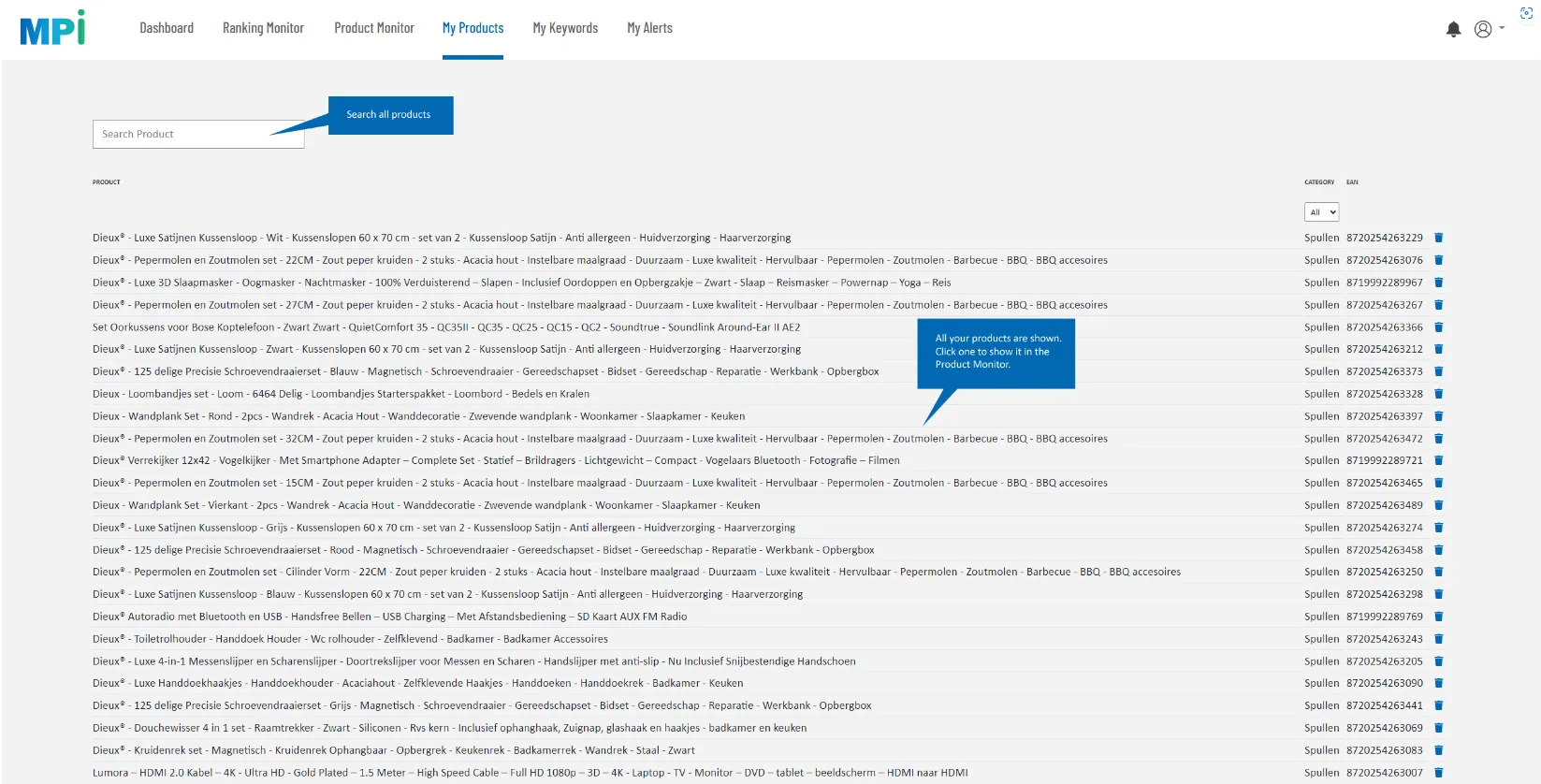Marketplace intelligence dashboard met overzicht van gemonitorde producten en productmonitoring